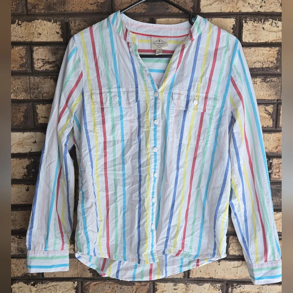 St. JOHNS pastel striped collarless button down long sleeve shirt
